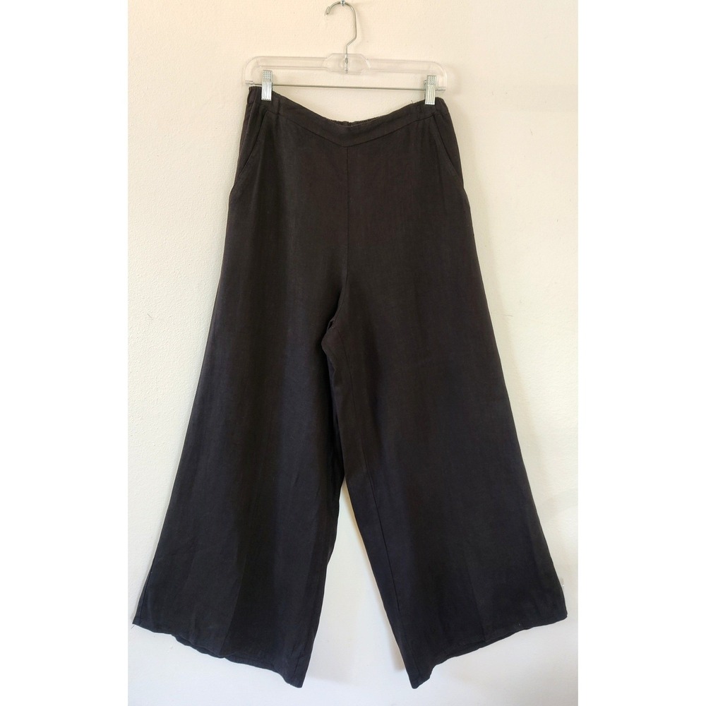 Match Point Linen Wide Leg Pants Womens Medium Black Pockets Made in USA Boho